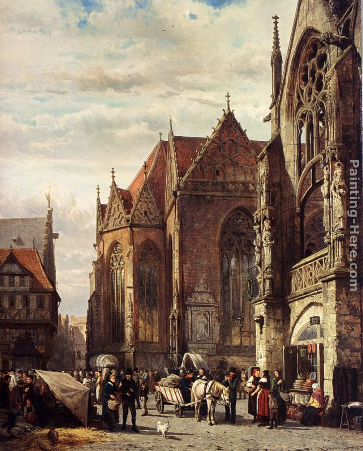 Many Figures On The Market Square In Front Of The Martinikirche, Braunschweig painting - Cornelis Springer Many Figures On The Market Square In Front Of The Martinikirche, Braunschweig art painting